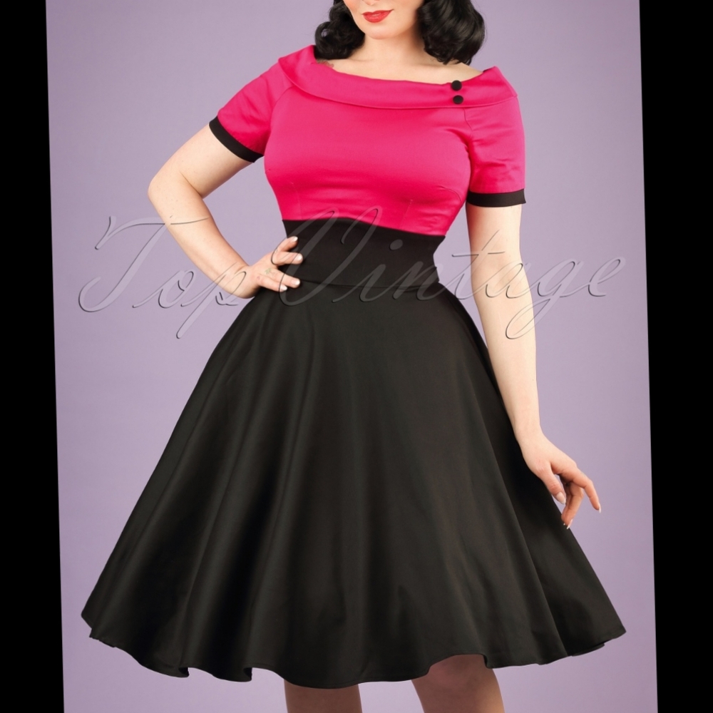 Pink and Black Retro Fit Flare Skater Swing Dress